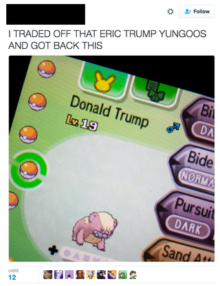 Illustration for article titled Pokemon Sun and Moon's Wonder Trade Is Full of Monsters Named Donald Trump